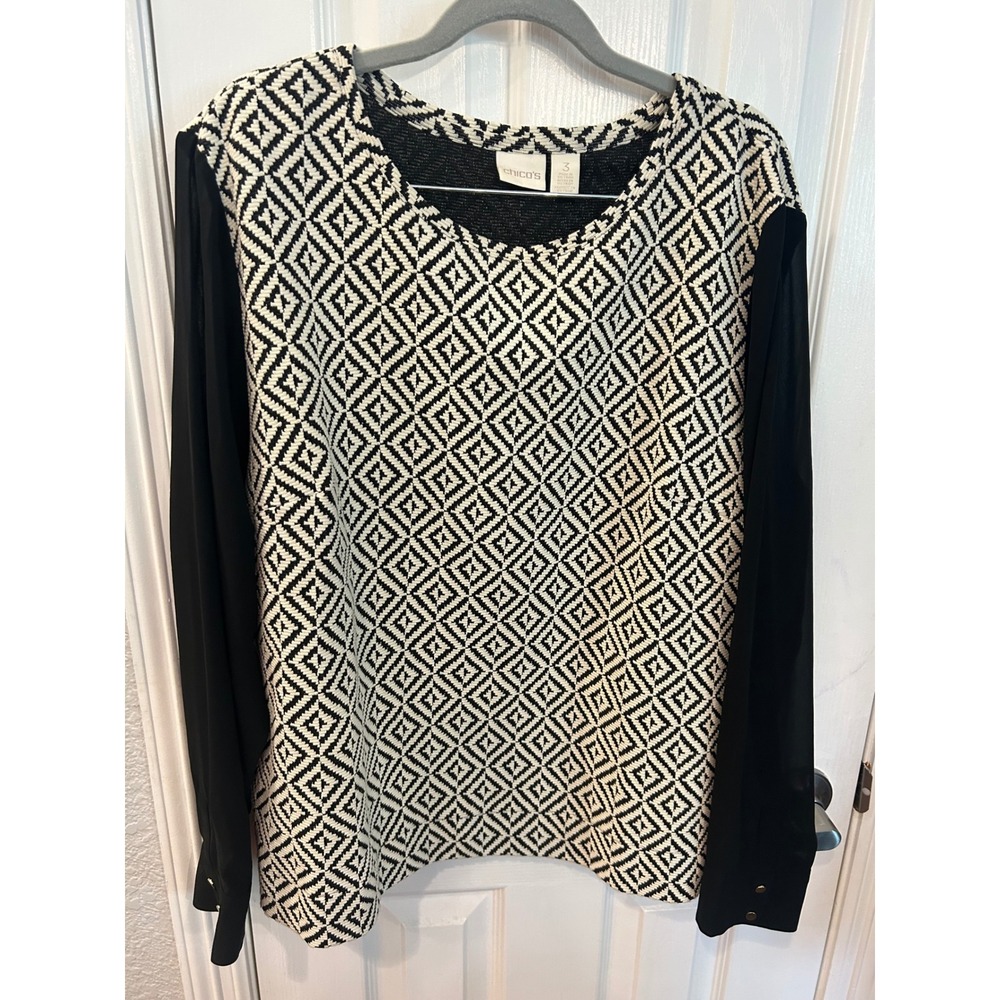 Chico's Mixed Media Top Black White Geometric Diamond Knit Gold Button Cuff 3 XL
